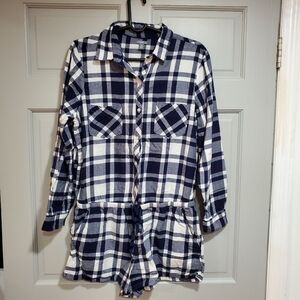 Aerie Romper Women Size XL plaid flannel Blue and white‎ elastic waist
